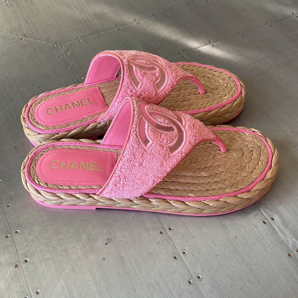 Chanel pink coral terry thong sandal flats woven braided raffia sz 39 - Picture 4 of 11